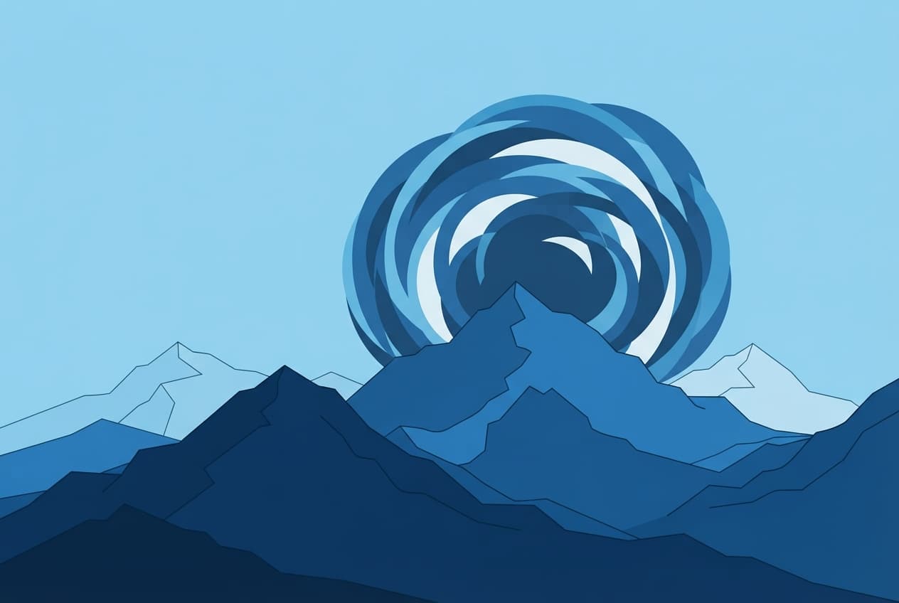 A flat vector illustration showing stylized, layered mountain silhouettes under a large, geometric cloud formation symbolizing an approaching storm.