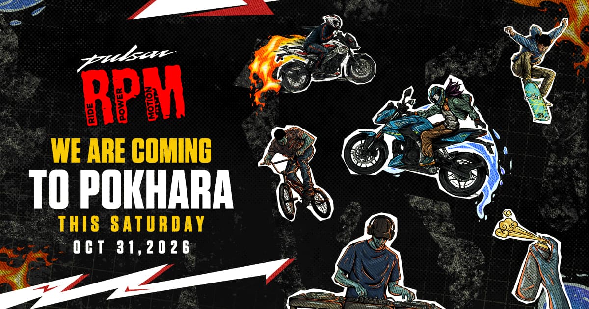 A promotional poster for the Pulsar RPM event in Pokhara on October 31, 2026, featuring illustrations of motorcycles and street culture activities.