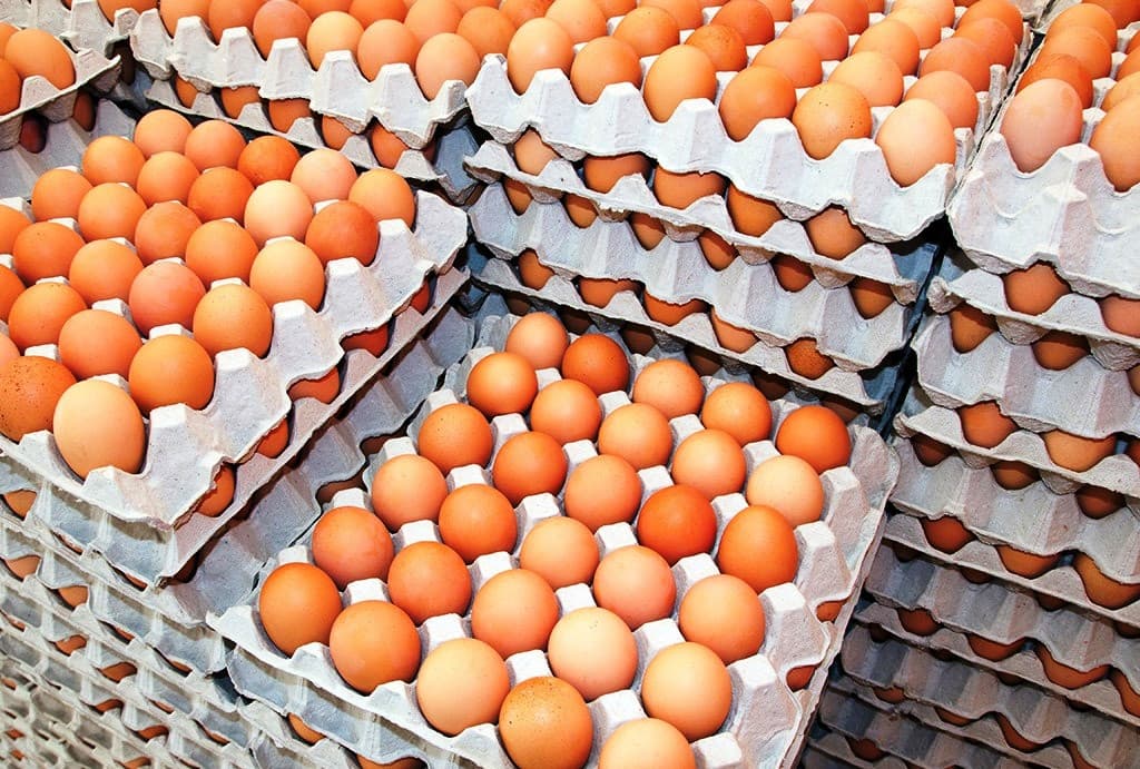 Stacks of cardboard crates filled with brown eggs.
