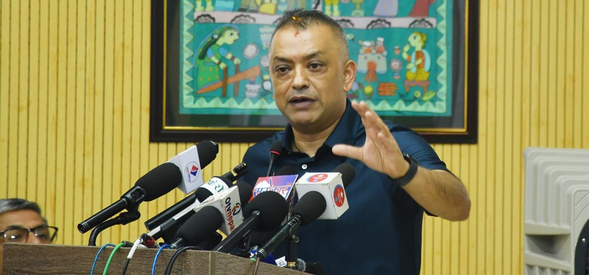 Gagan Thapa speaking at a press conference.