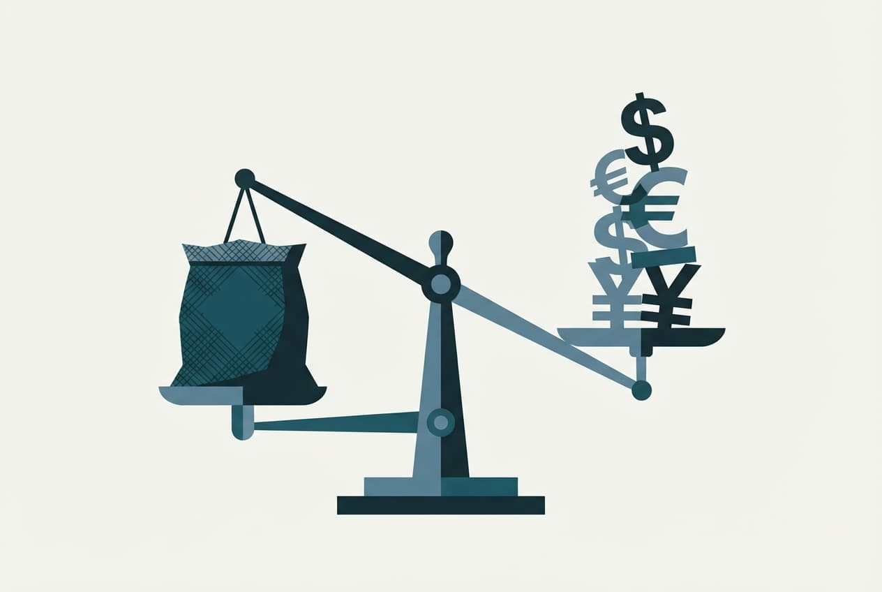 An editorial illustration of a balancing scale with a bag of fertilizer on one side and currency symbols on the other, rendered in deep teal, steel blue, and off-white.