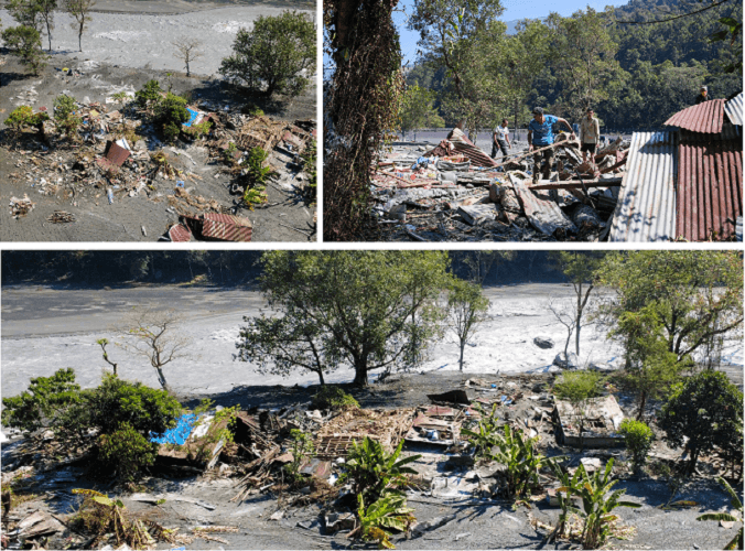 A composite image showing the aftermath of floods with destroyed structures and debris along a riverbank.