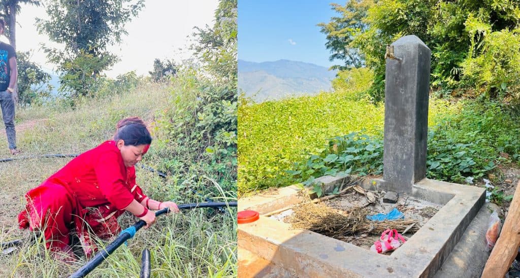 A woman in a red dress connects a water pipe in a rural setting next to a concrete tap.