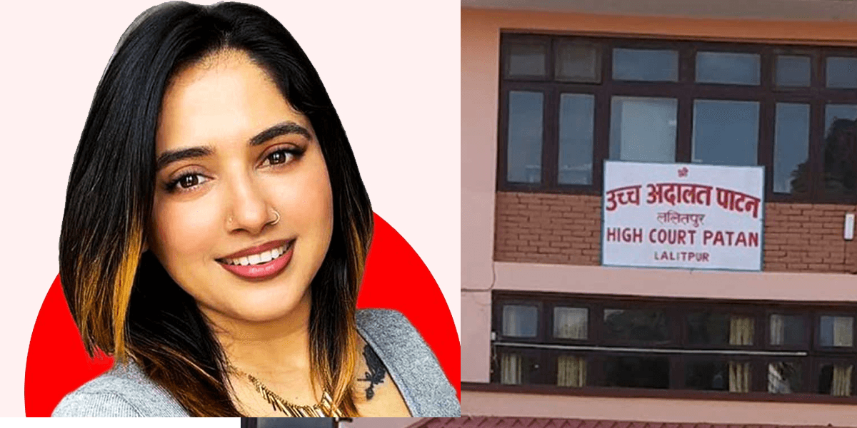 A composite image showing a portrait of Tulsa Adhikari next to the Patan High Court building.