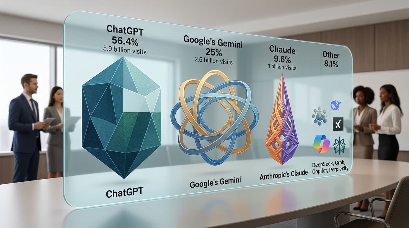 A digital chart displaying the market share percentages of AI chatbot platforms including ChatGPT, Gemini, and Claude.