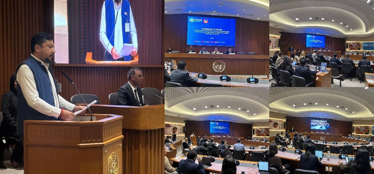 A Nepali official speaks at a podium during a formal UNESCAP conference in Bangkok.