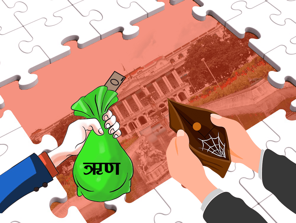 An editorial illustration showing a hand holding a bag of debt and another holding an empty wallet, symbolizing Nepal's rising public debt.