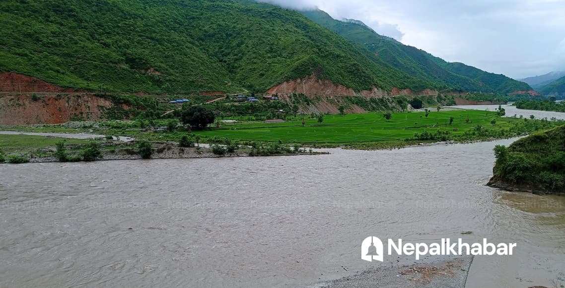The Sunkoshi river in a monsoon-swollen stretch.