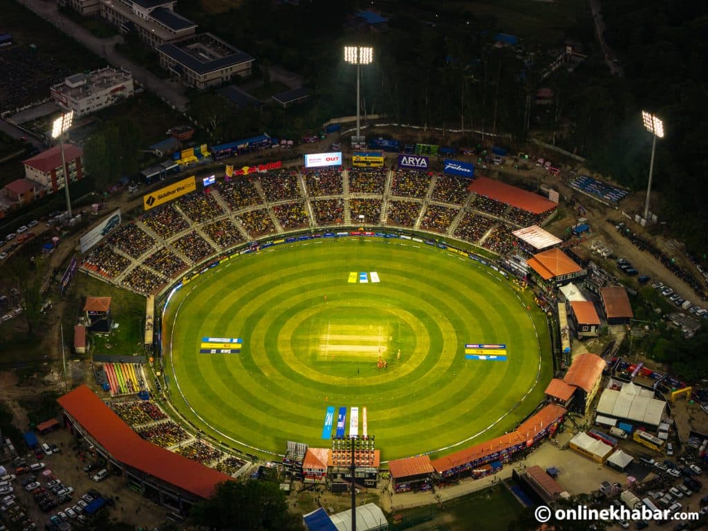 An aerial view of the Tribhuvan University International Cricket Ground in Kirtipur.