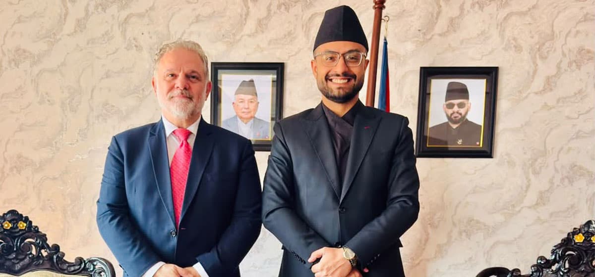 Education Minister Sasmit Pokharel and Cypriot Ambassador Evagoras Vryonides pose for a photo during their meeting.
