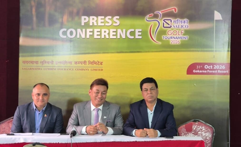 Three men sitting at a table during a press conference for the Sagarmatha Lumbini Insurance Golf Tournament.