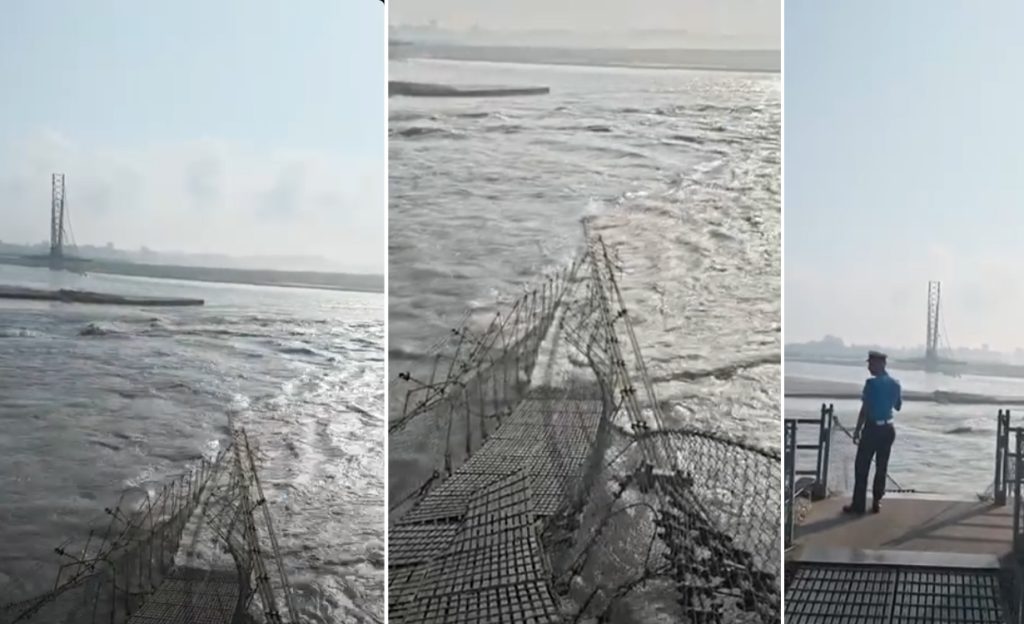 Three perspectives showing the collapsed suspension bridge walkway plunging into the flooded Mahakali River.