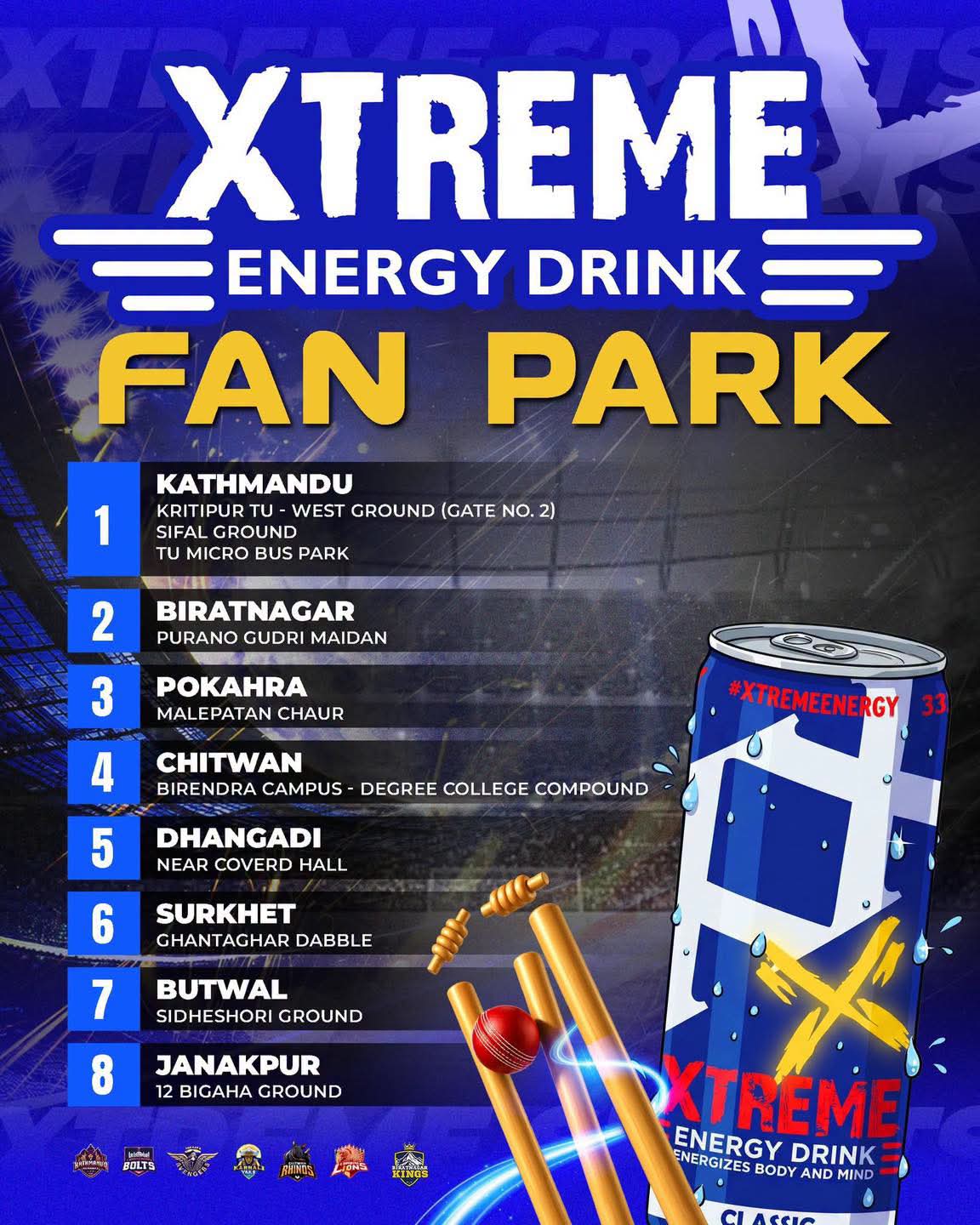 A graphic poster listing the locations of Xtreme Energy Drink fan parks across Nepal.