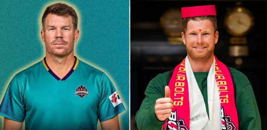 A split-screen image featuring cricketers David Warner and Jimmy Neesham.