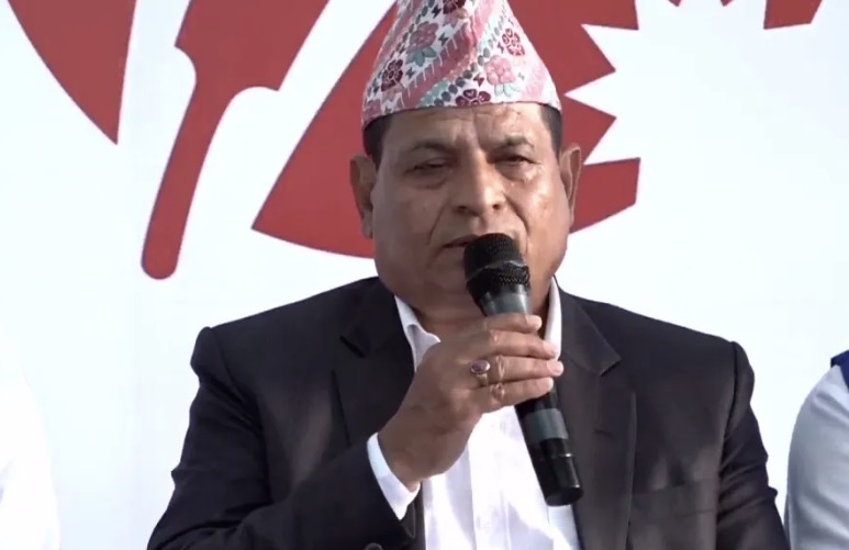Cricket Association of Nepal President Chatur Bahadur Chand speaking at a press conference.