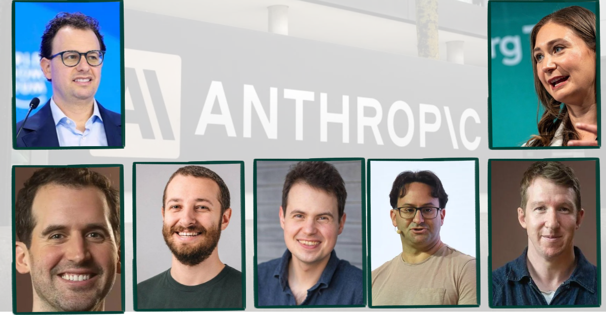 A collage of portraits featuring the founders of the AI company Anthropic.