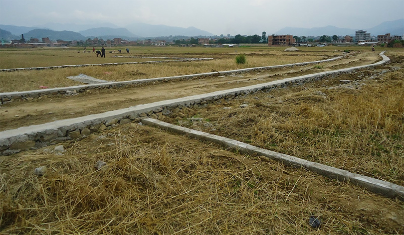An open field with newly constructed stone boundary walls or pathways.