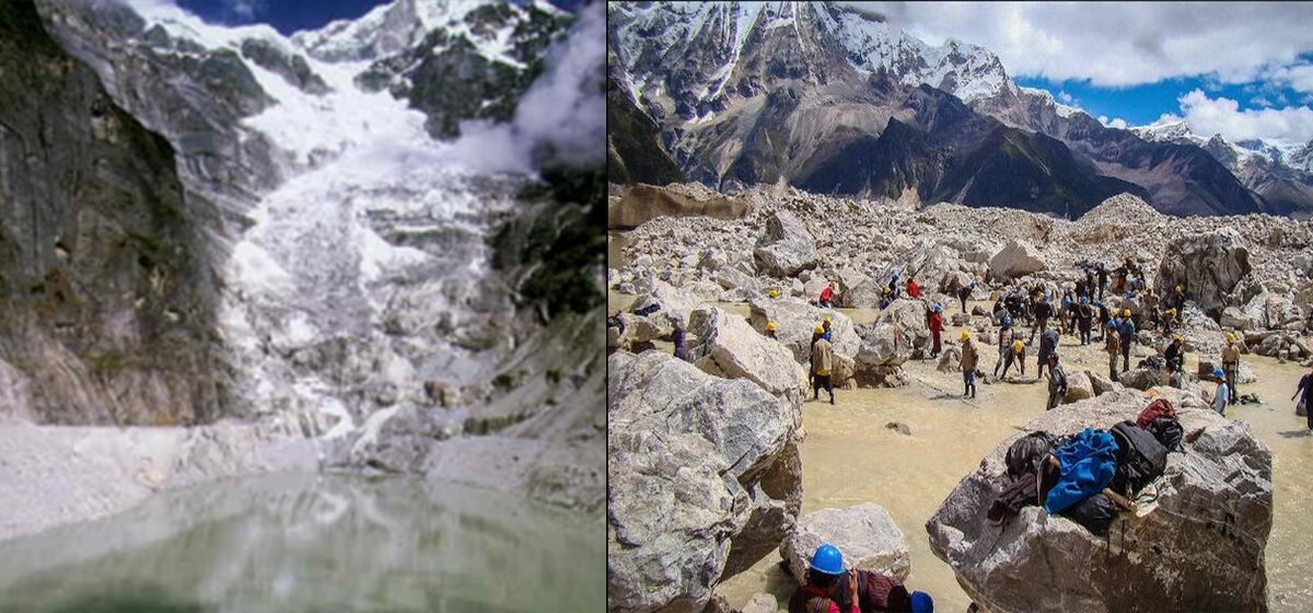 A split-screen image showing a glacial lake on the left and a group of people in hard hats standing among large boulders on the right.