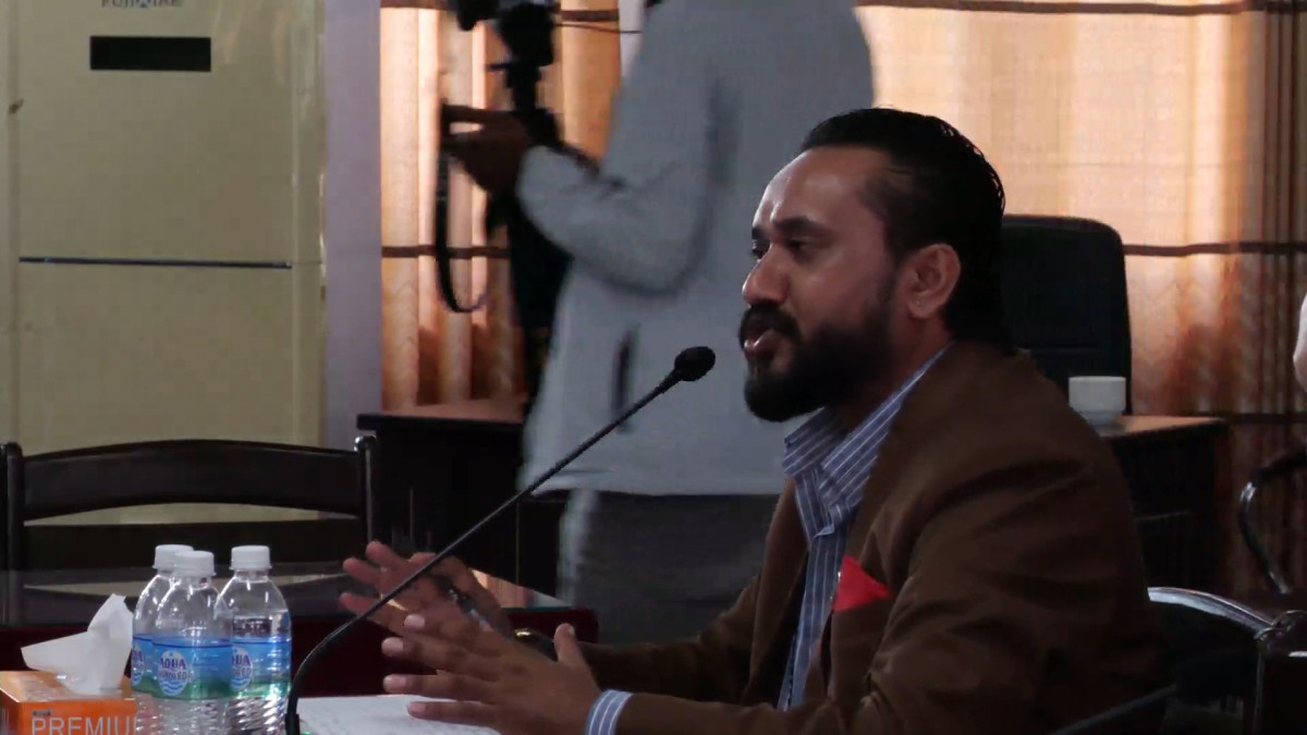 RSP lawmaker Khagendra Sunar addresses a parliamentary committee meeting.