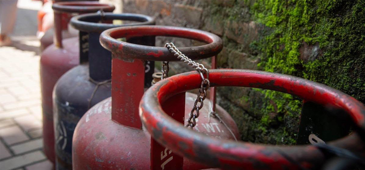 Several red cooking gas cylinders lined up against a wall.