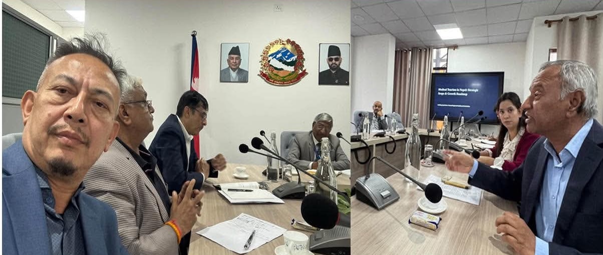 A group of professionals attending a meeting about medical tourism in Nepal.