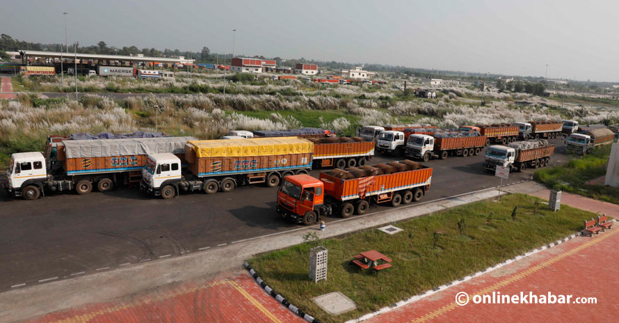 Cargo trucks parked at the Birgunj Customs Office.