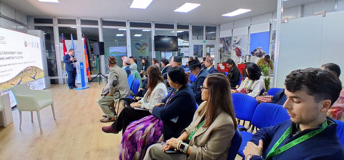 A group of people attending a conference on biodiversity and climate action.