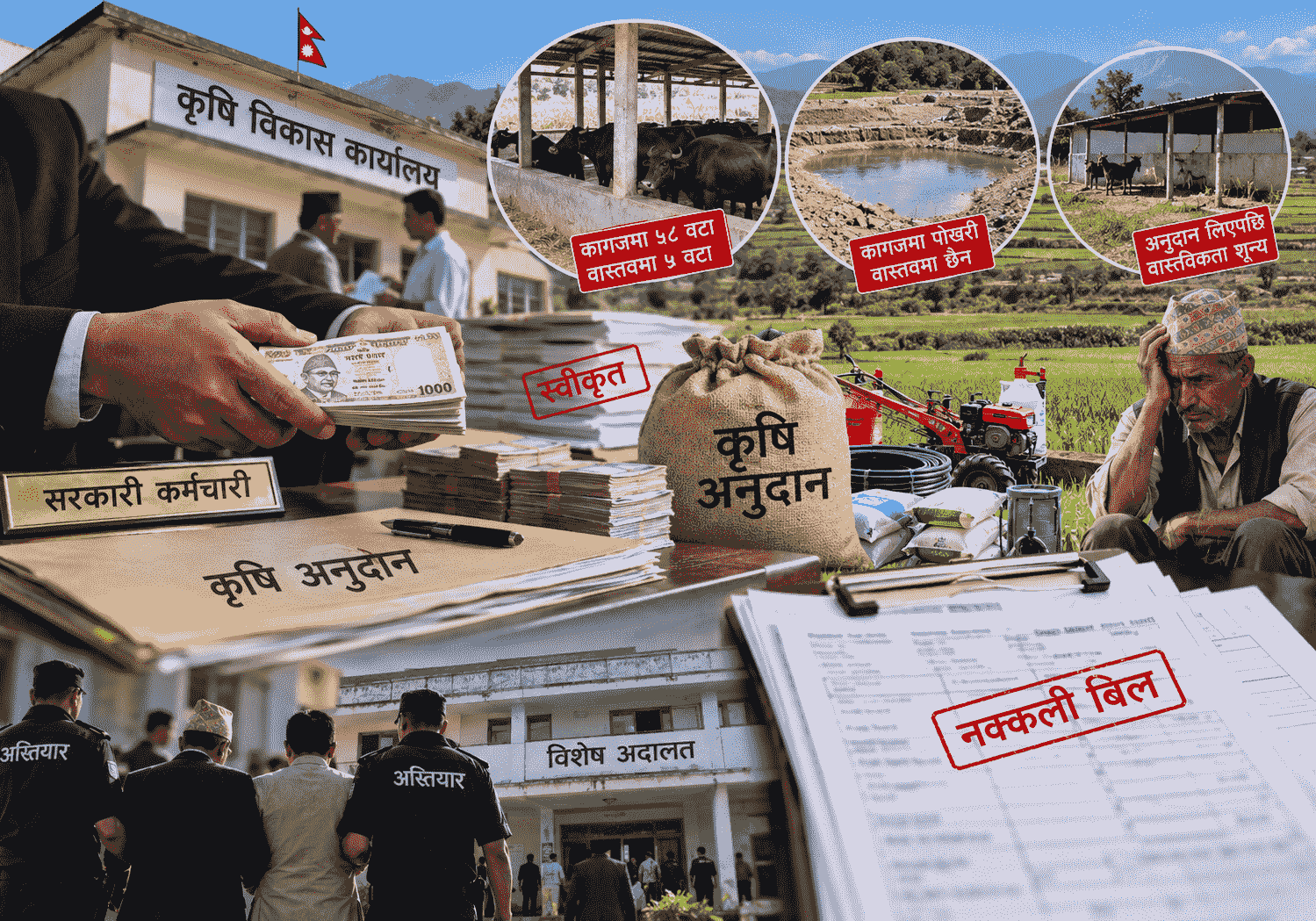 A composite image showing a government office, fake invoices, and a farmer, representing agricultural subsidy fraud.
