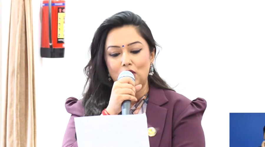 RPP Chief Whip Khushbu Oli addresses parliament while speaking into a microphone.