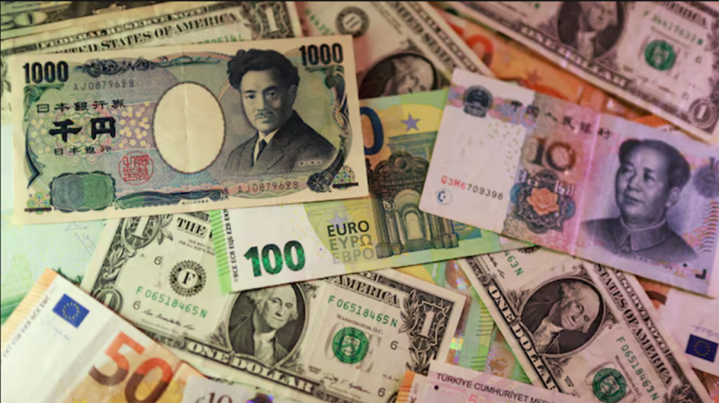 A variety of international banknotes including Japanese Yen, Chinese Yuan, US Dollars, and Euros.