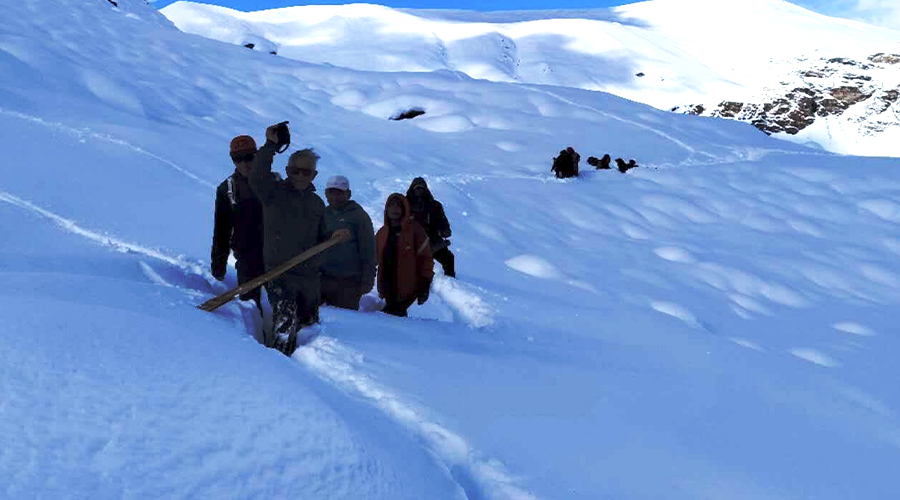 A group of people walking through deep snow in a mountainous region.