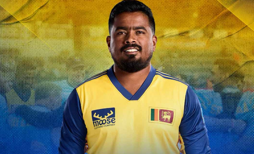 A portrait of a Sri Lankan cricketer wearing a yellow and blue jersey.