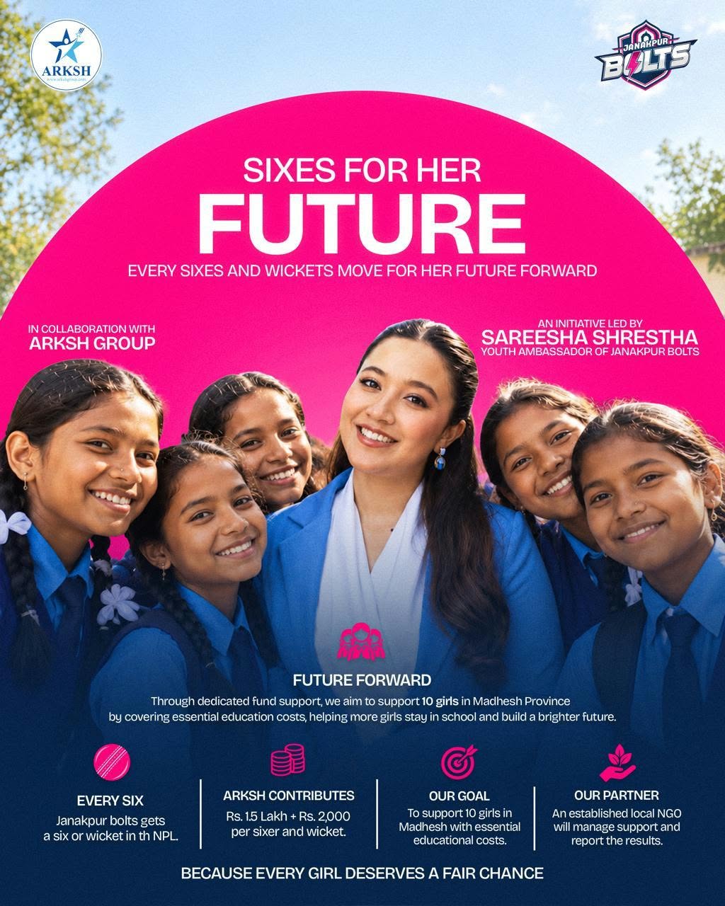 A promotional poster for the Sixes for Her Future campaign featuring youth ambassador Dr. Sarisha Shrestha with a group of young girls.